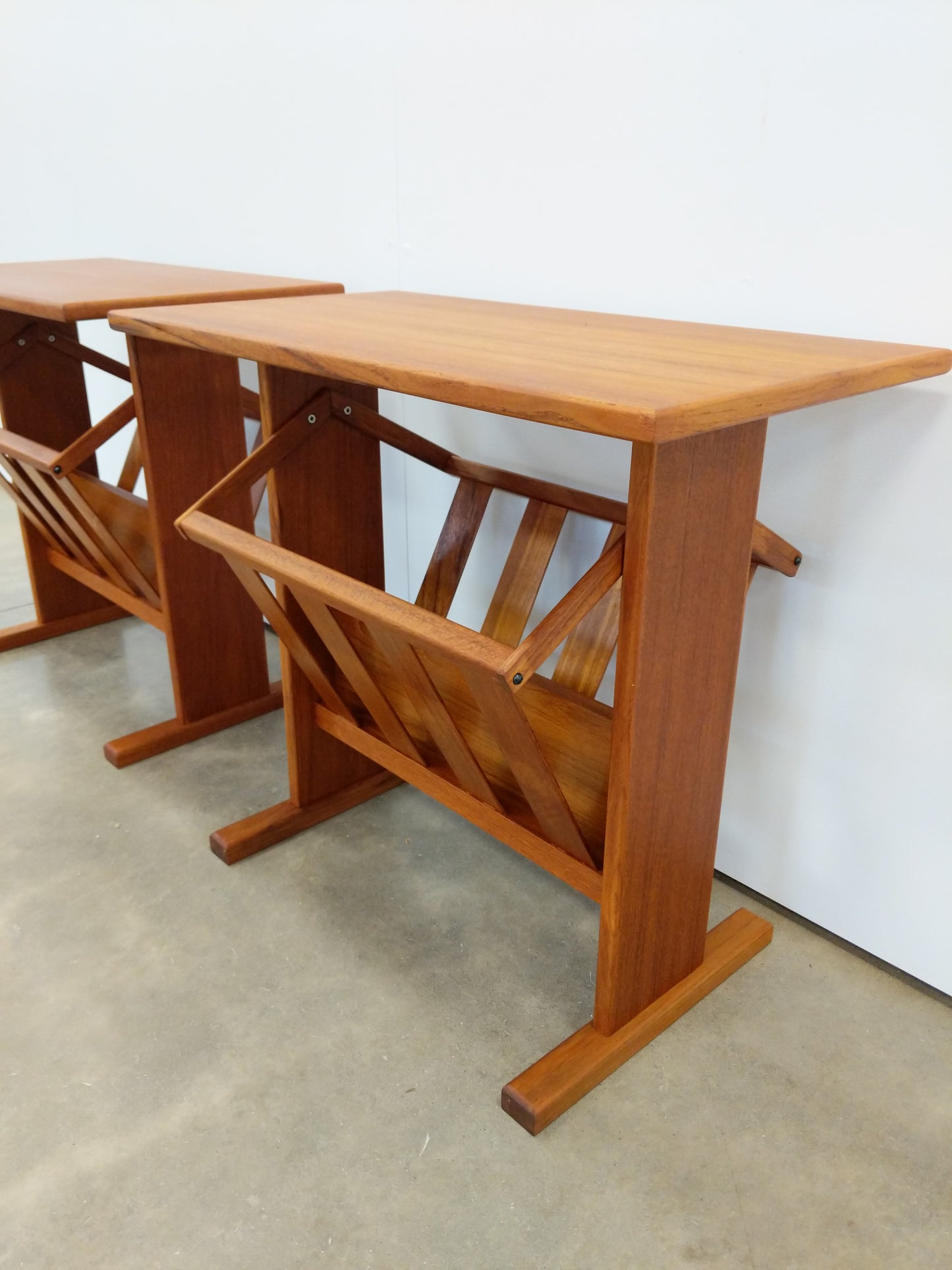 Pair of Vintage Mid Century Modern Teak Side Tables with Record / Magazine Rack