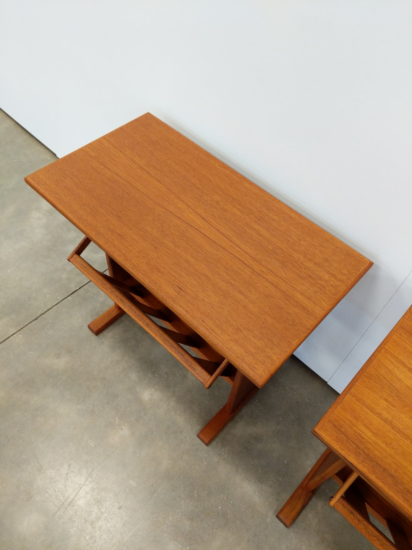 Pair of Vintage Mid Century Modern Teak Side Tables with Record / Magazine Rack